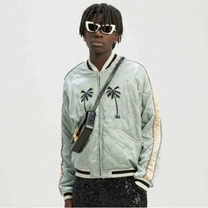 NWT Palm Angels Life is Pain Palm Embroidered Quilted Satin Bomber Jacket Size M